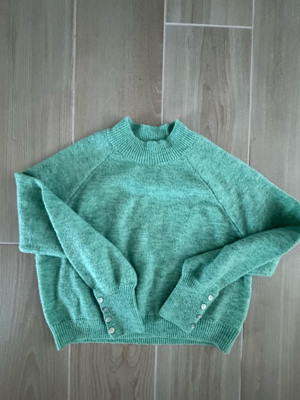 Francesca's Seafoam Green Mock Neck Sweater with Button Cuffs